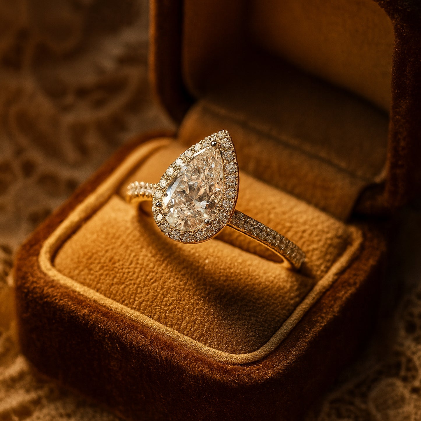 Luxury 18K Yellow Gold Pear Shaped Moissanite Halo Ring With Pave Band And Brilliant Diamond Alternative Shine