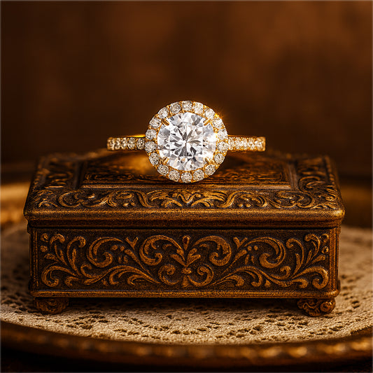 Women's Gold Diamond Wedding Ring - Round Halo Pave Band Design