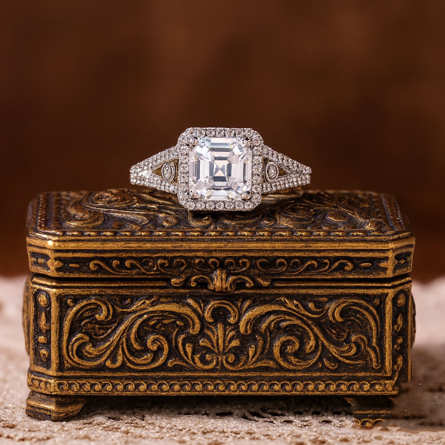 Sparkling Halo Moissanite Engagement Ring With Asscher Cut Center, Diamond Alternative Gift For Modern Women.