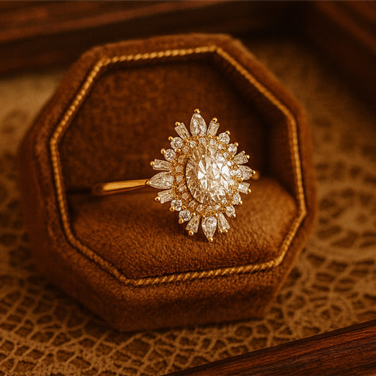 Female Diamond Ring - Oval Cut with Marquise Diamond Halo Design