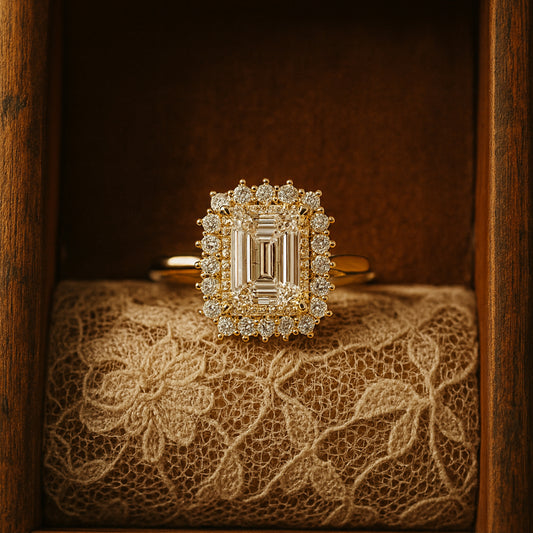 Emerald Cut Moissanite Engagement Ring With Double Halo Setting - Elegant Wedding Band For Women