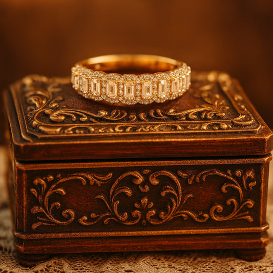 Vintage Emerald Cut Diamond Eternity Band With Halo Design Set In 18K Yellow Gold