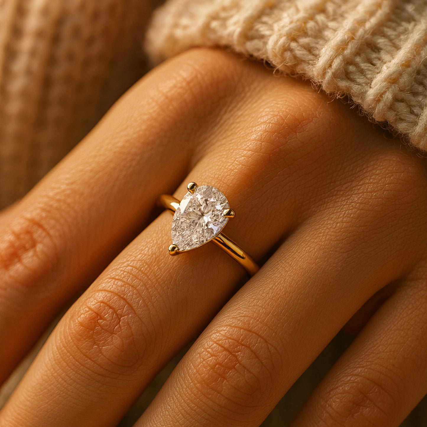 Elegant Solitaire Moissanite Engagement Ring For Women, Featuring Pear Cut Stone With Diamond-Level Sparkle.