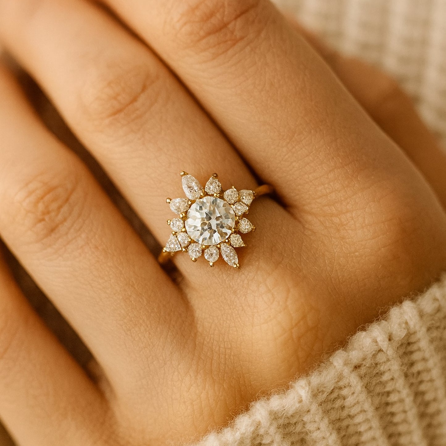 Vintage-Inspired Floral Moissanite Engagement Ring With Diamond-Like Brilliance In Gold Setting.