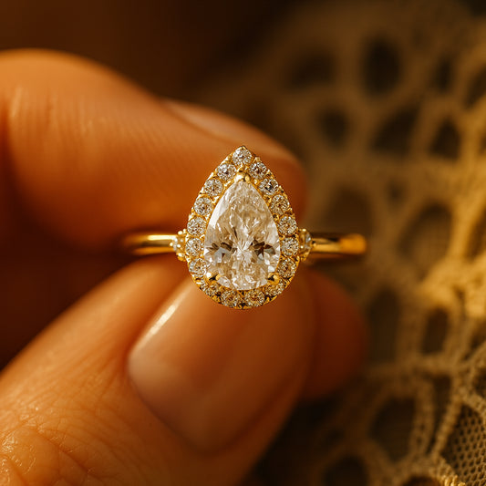 Dec Birthstone Pear Shape Halo Moissanite 10K Rose Gold Band Setting Ring With Diamond-Like Sparkle And Elegant Vintage Design