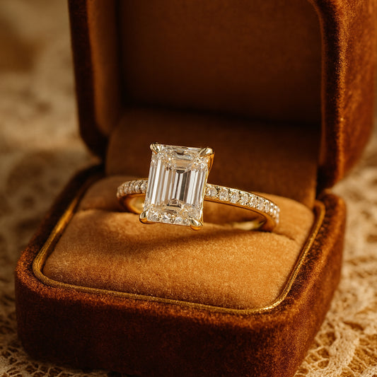Elegant Emerald Cut Moissanite Cathedral Ring For Women With High Setting And Brilliant Diamond Alternative Sparkle