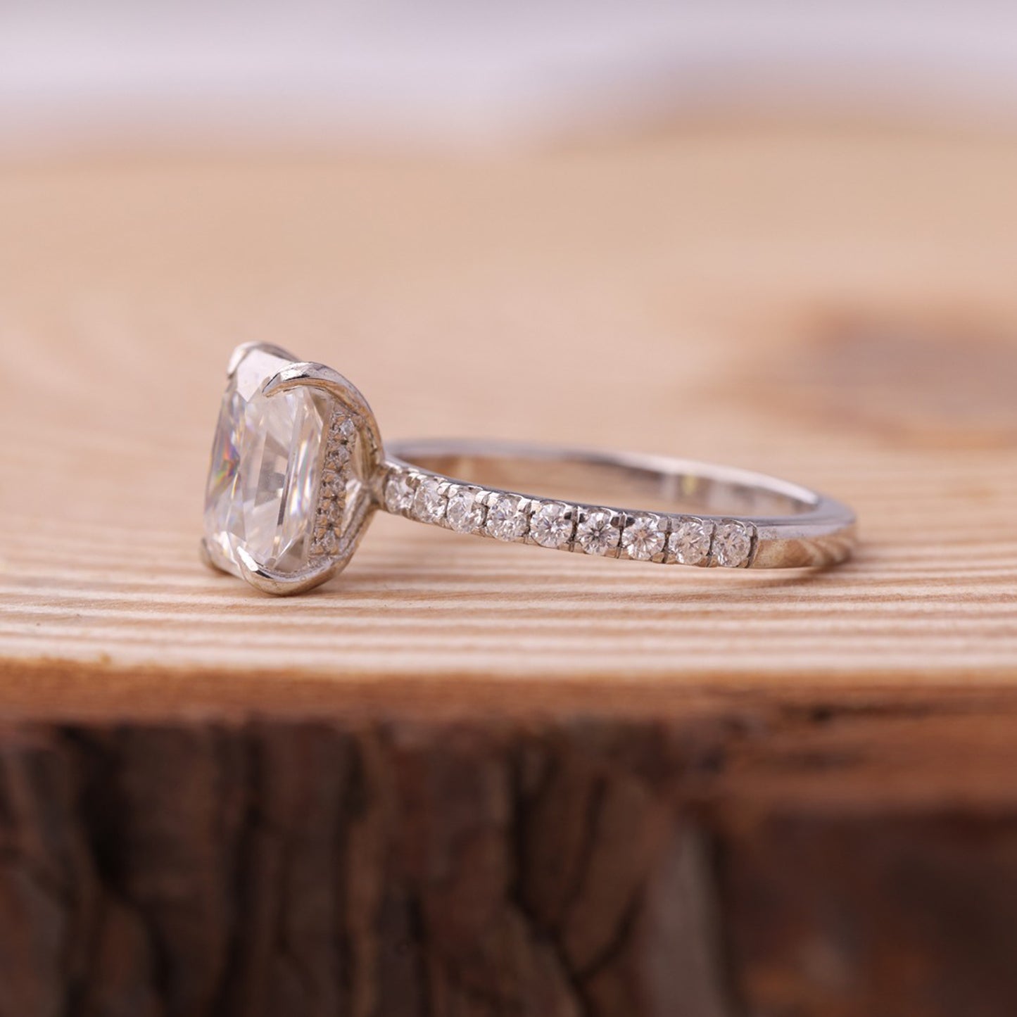 Moissanite Radiant Engagement Ring, Pavé Band Fine Jewelry With Brilliance