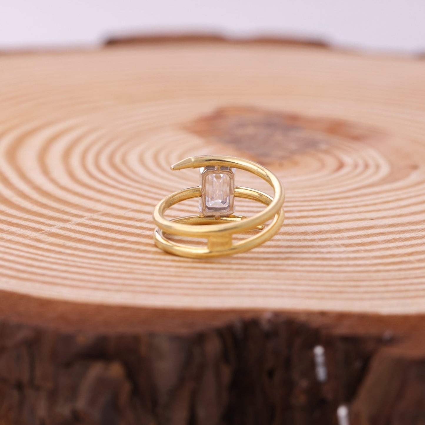 Emerald Cut Double Band Moissanite Ring, Gold Engagement Fine Jewelry With Glamour