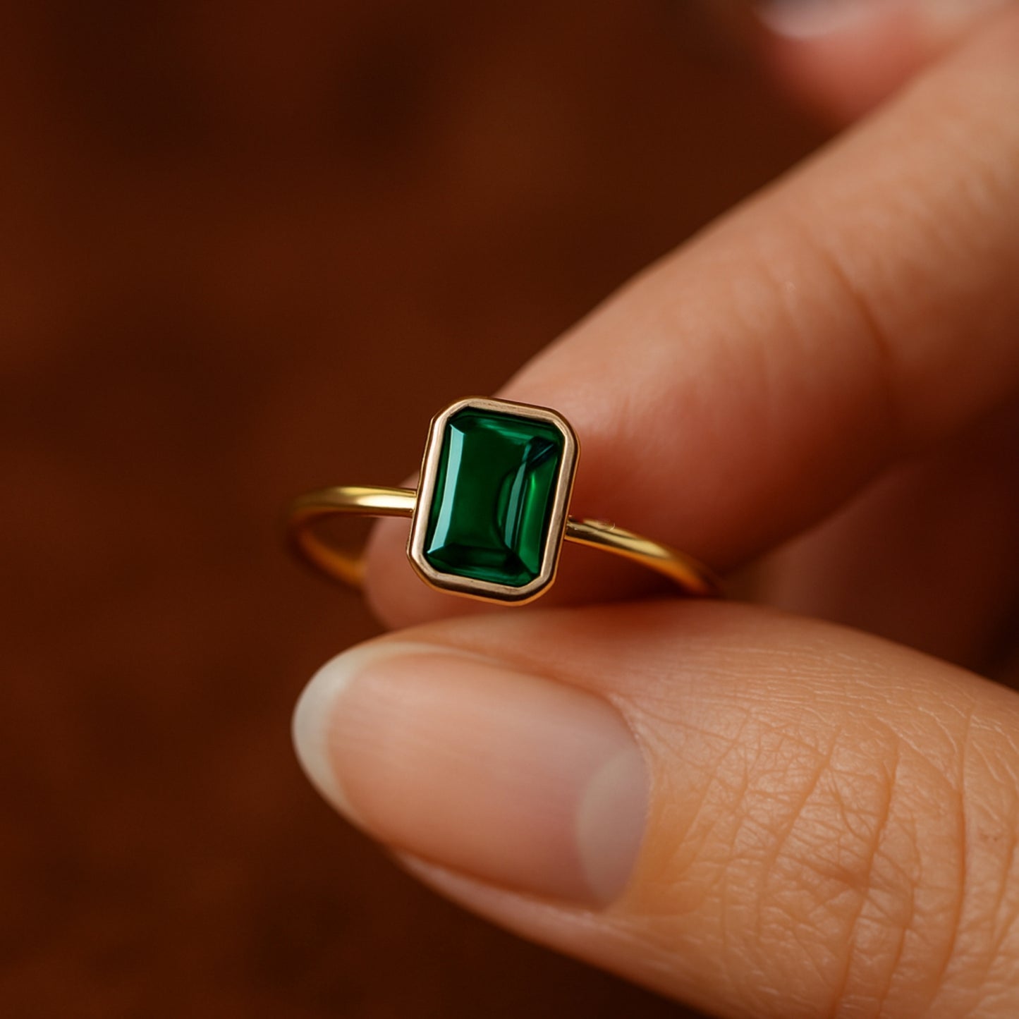 Elegant Green Stone Emerald Cut Ring, Birthstone Fine Gemstone Jewelry With Yellow Gold And Timeless Style