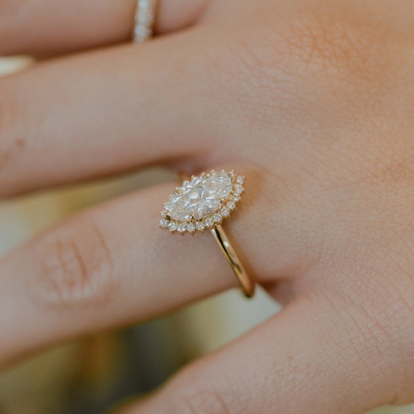 Elegant Marquise Halo Engagement Ring, Moissanite Birthstone Fine Jewelry With 14K Gold And Fire