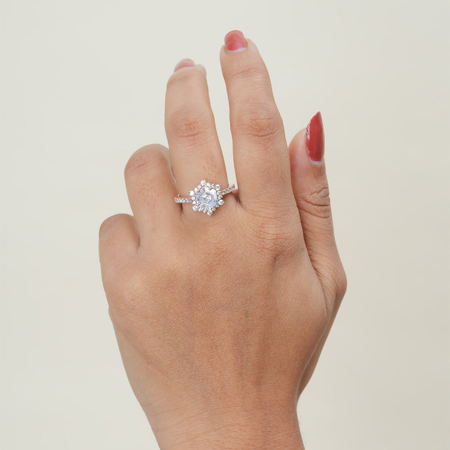 Hexagon Halo Asscher Ring, Moissanite Rose Gold Engagement Fine Jewelry With Style