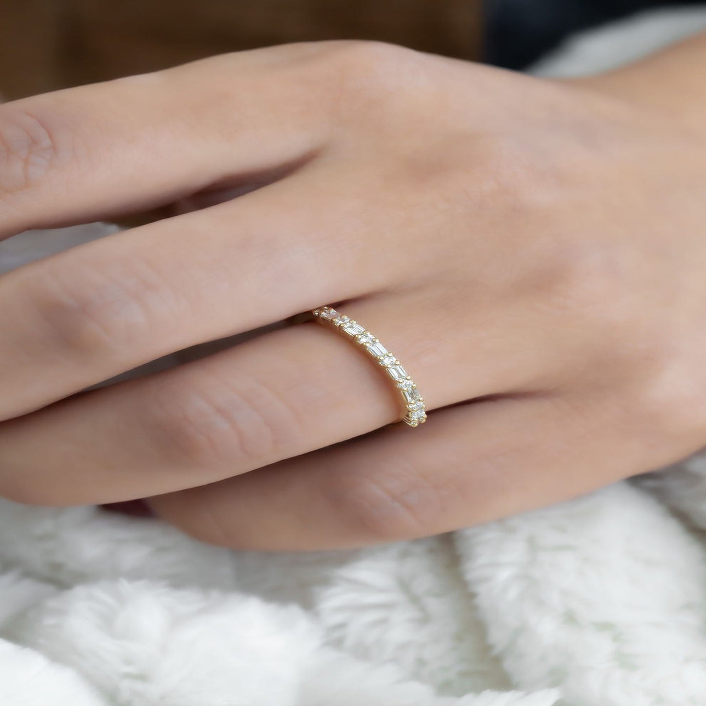 Baguette Moissanite Gold Stacking Ring, August Birthstone Band Fine Jewelry With VVS1 Clarity