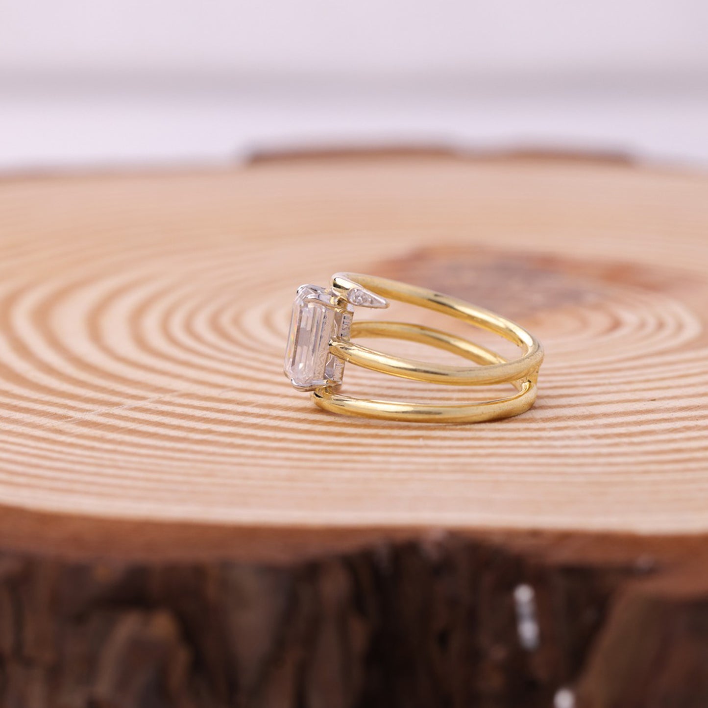 Engagement Emerald Cut Ring, Moissanite Double Band Gold Fine Jewelry With Romance