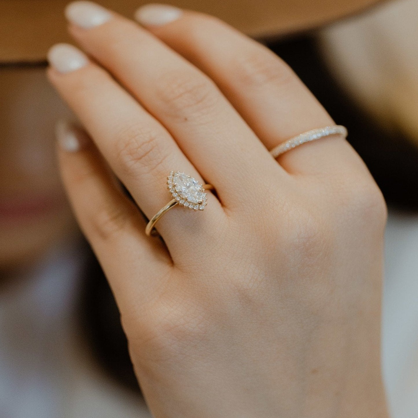 Marquise Cut Moissanite Engagement Ring, Halo Birthstone Fine Jewelry With 14K Gold And Timeless Style
