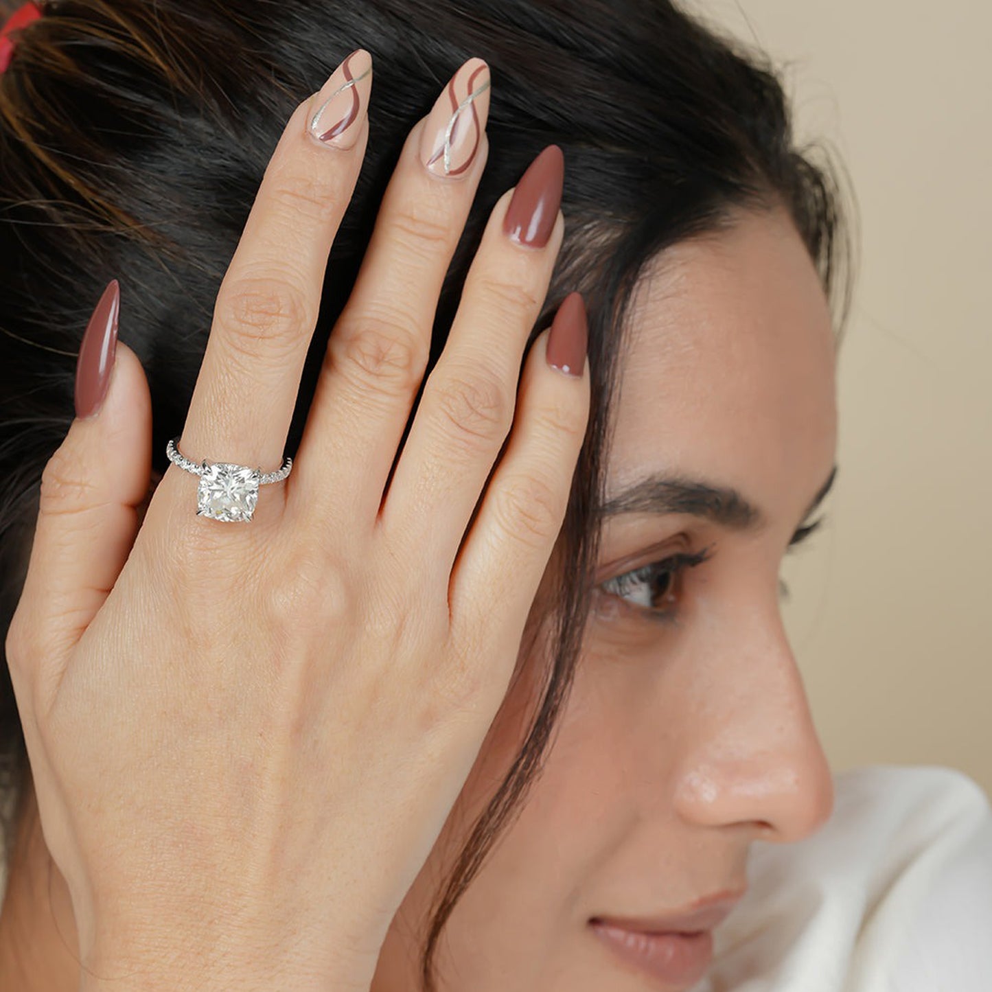 Pave Band Moissanite Ring, Cushion Cut 14K Gold Engagement Fine Jewelry With Luxurious Look