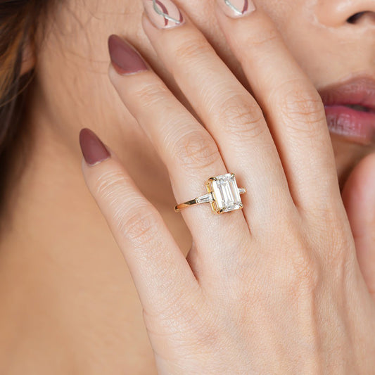 2.5ct Emerald Cut Moissanite Hidden Halo Engagement Ring In Gold VVS1 Clarity