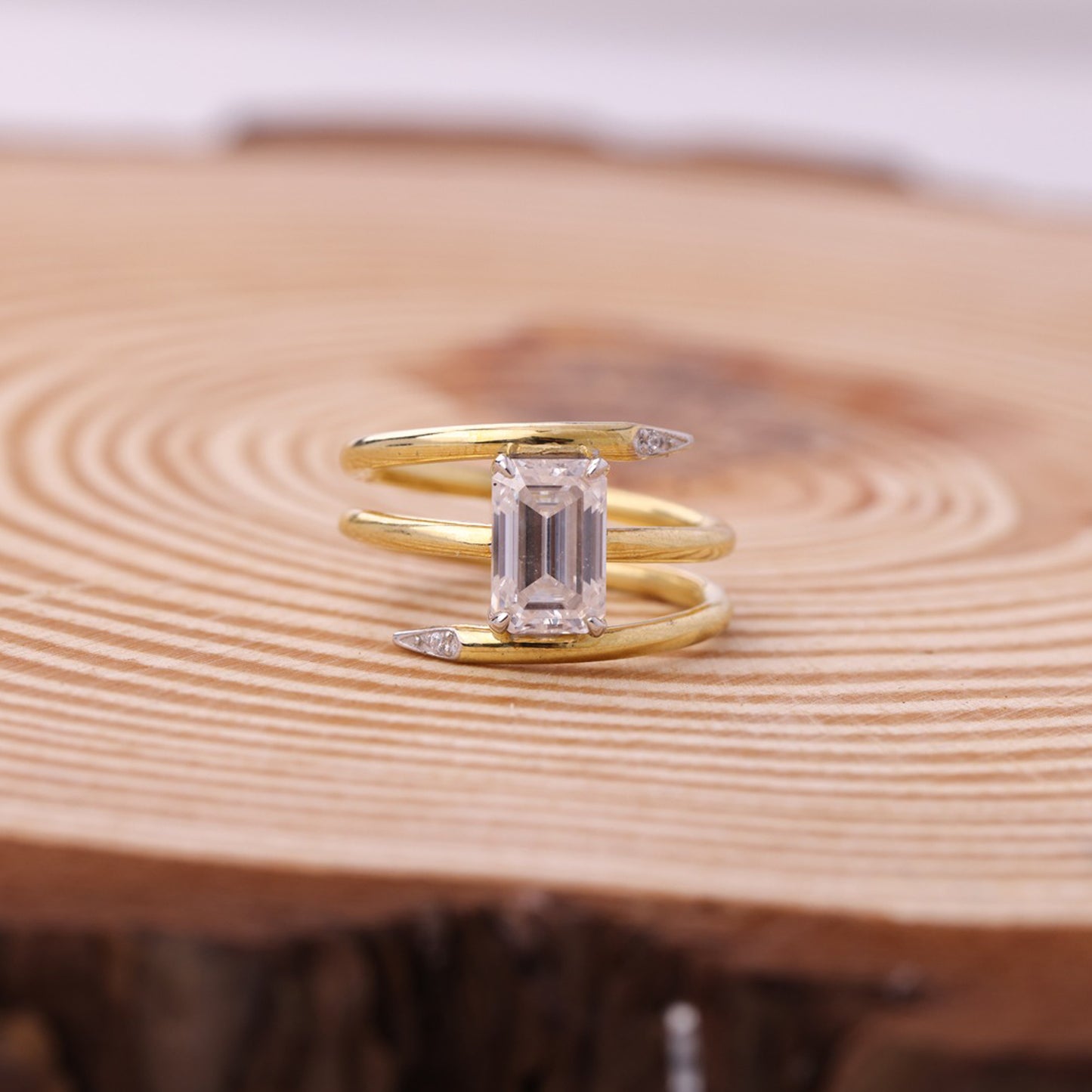 Double Band Emerald Ring, Moissanite Gold Engagement Fine Jewelry With Style