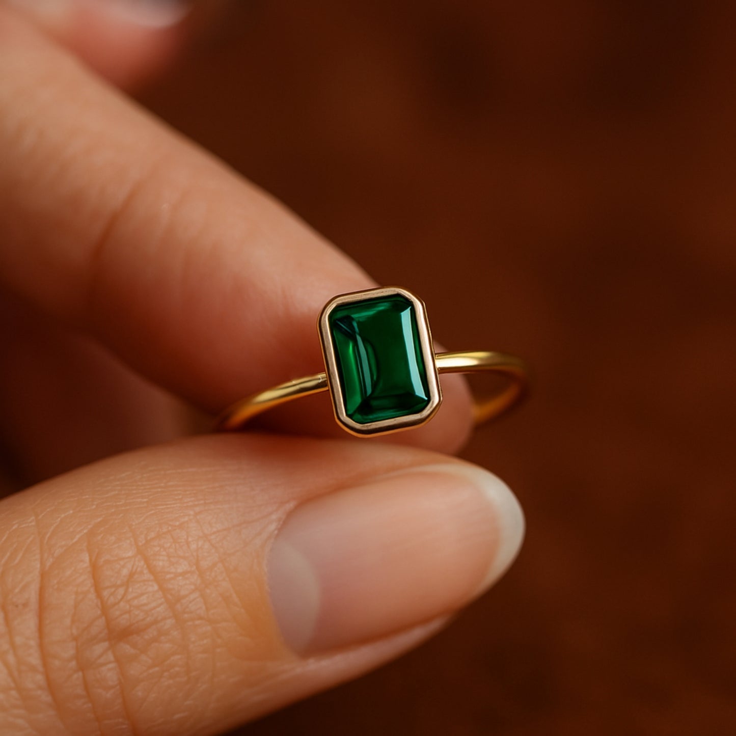Green Stone Birthstone Ring, Emerald Cut Fine Gemstone Jewelry With Yellow Gold And Sophisticated Design