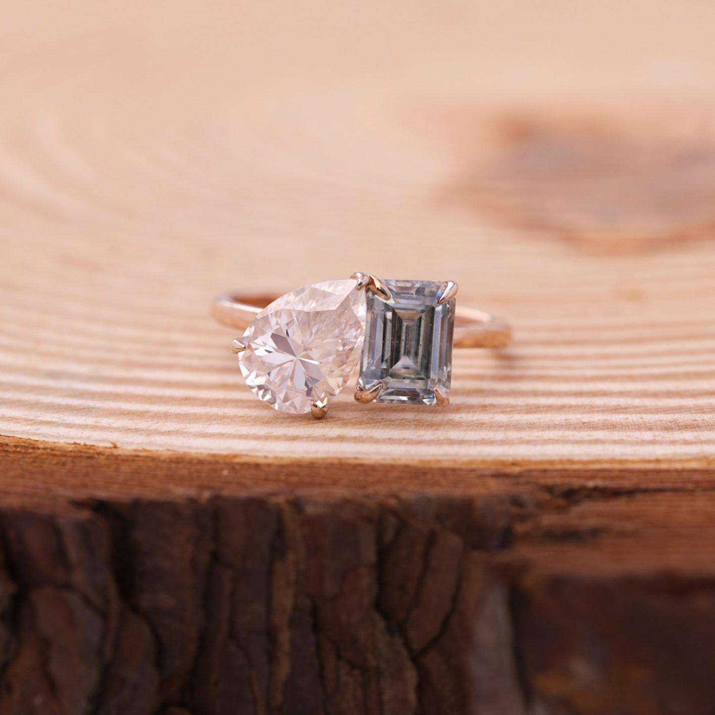Engagement Toi Et Moi Ring, Pear & Emerald Moissanite Rose Gold Fine Jewelry With Romance