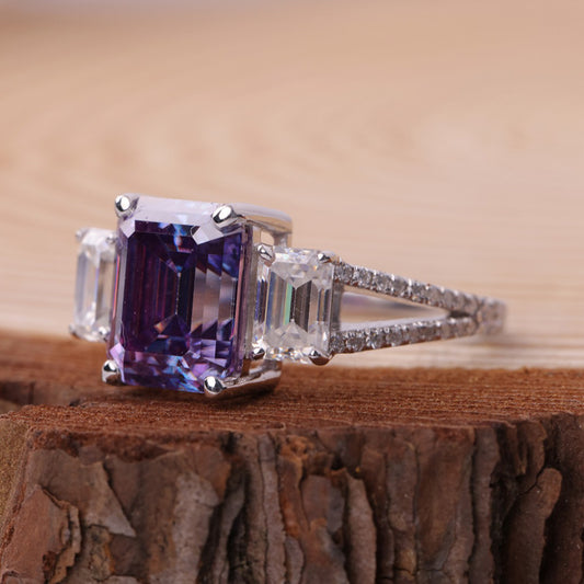 Three Stone Purple Gemstone Ring, Moissanite White Gold Engagement Fine Jewelry February Birthstone