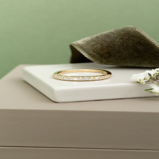 Moissanite Baguette Stacking Ring, August Birthstone Gold Band Fine Jewelry With Art Deco Style