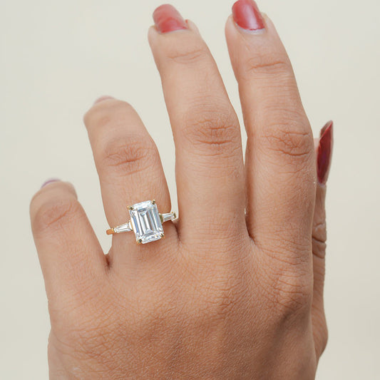 Emerald Cut Moissanite Ring, Three-Stone Bridal Wedding Fine Jewelry With VVS1 Clarity Halo
