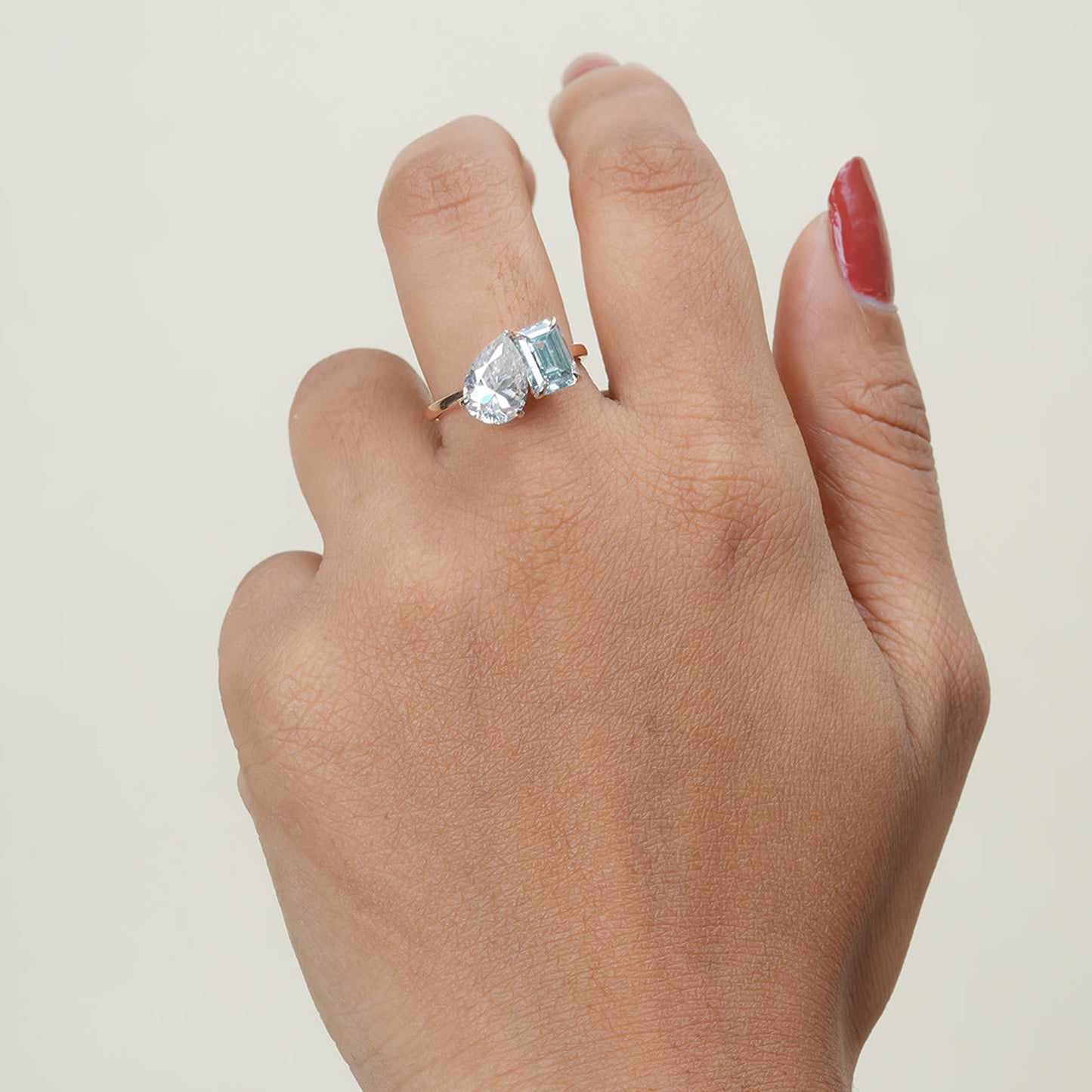 Two Stone Moissanite Ring, Pear & Emerald Rose Gold Engagement Fine Jewelry With Style