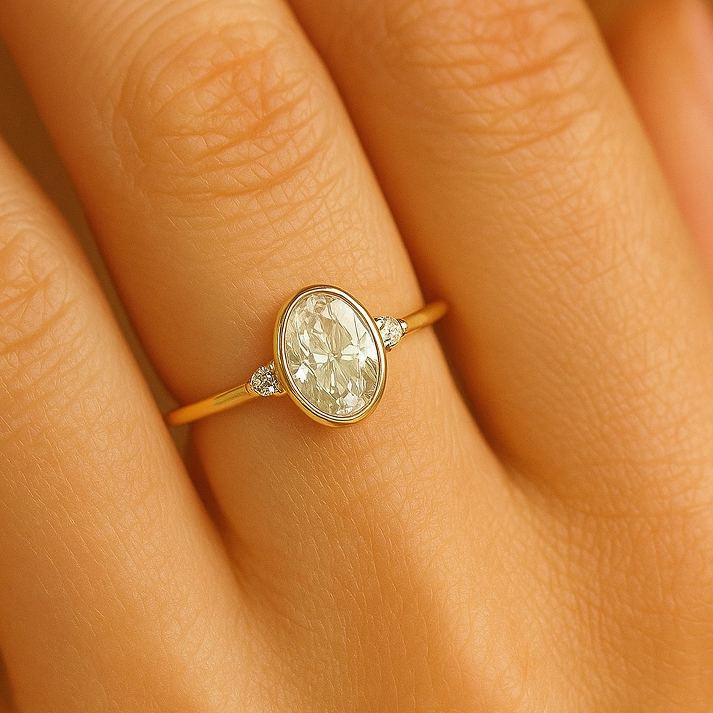 Oval Bezel Set Moissanite Ring, August Birthstone Solitaire Jewelry With Colorless Stone And Modern Setting