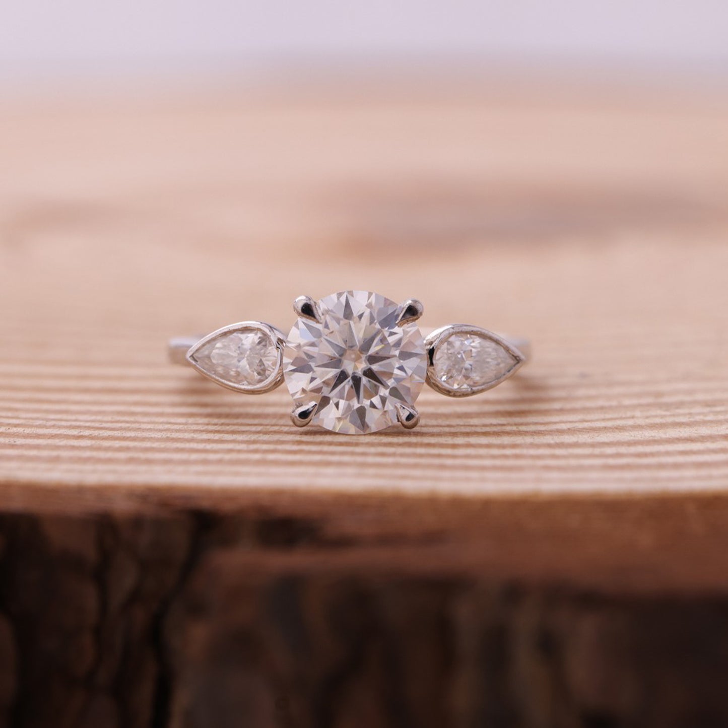 Three Stone Round Ring, Moissanite Pear Sides Engagement Fine Jewelry With Style