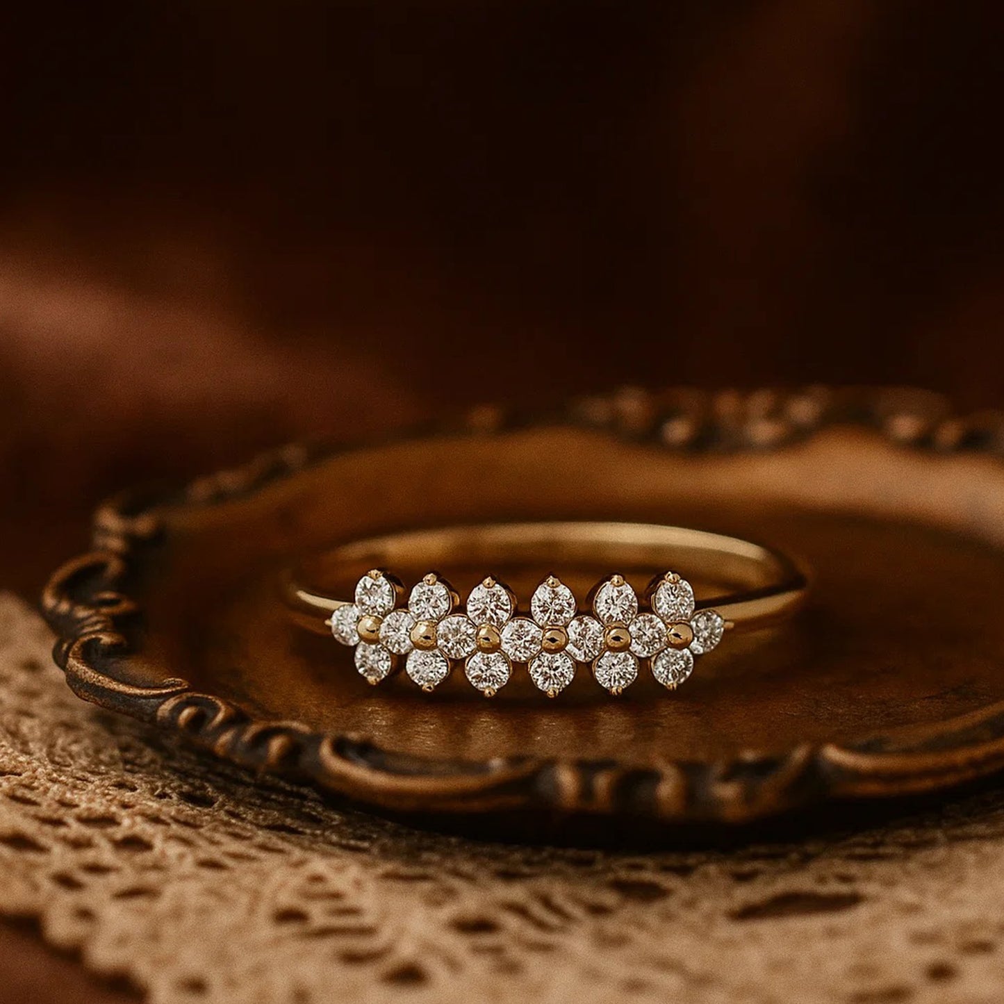 Minimalist Floral Band Ring Round Cut Tiny Everyday Wear Engagement Rings