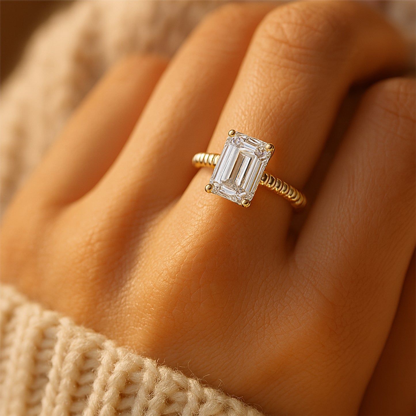 Twisted Ribbed Gold Band Emerald-Cut Diamond Ring - Unique Textured Engagement Design