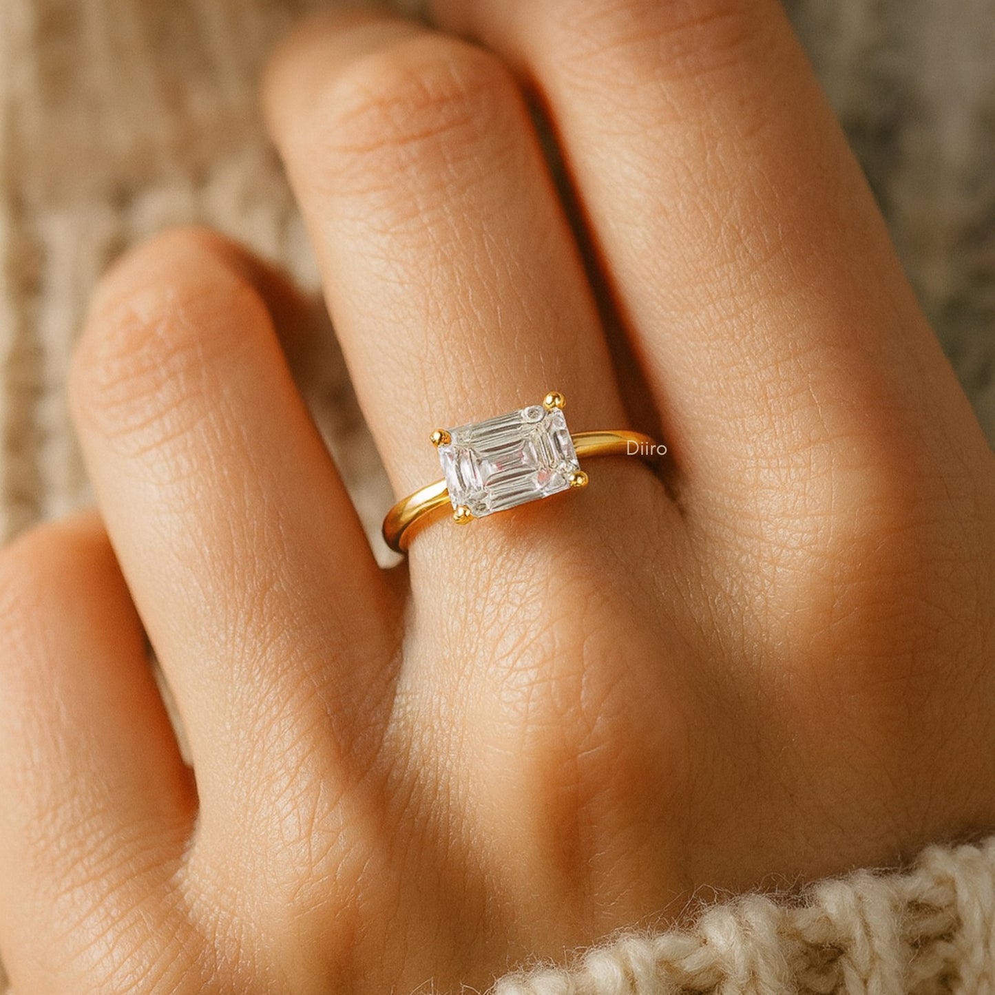 VVS1 lab grown emerald cut diamond ring, ethical engagement jewelry with international shipping.