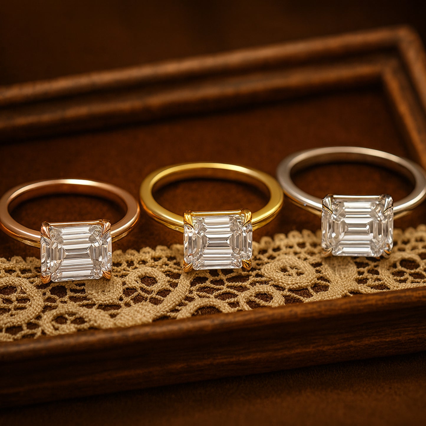 18K Gold Horizontal Emerald-Cut Diamond Ring Engagement & Anniversary Gift for Women