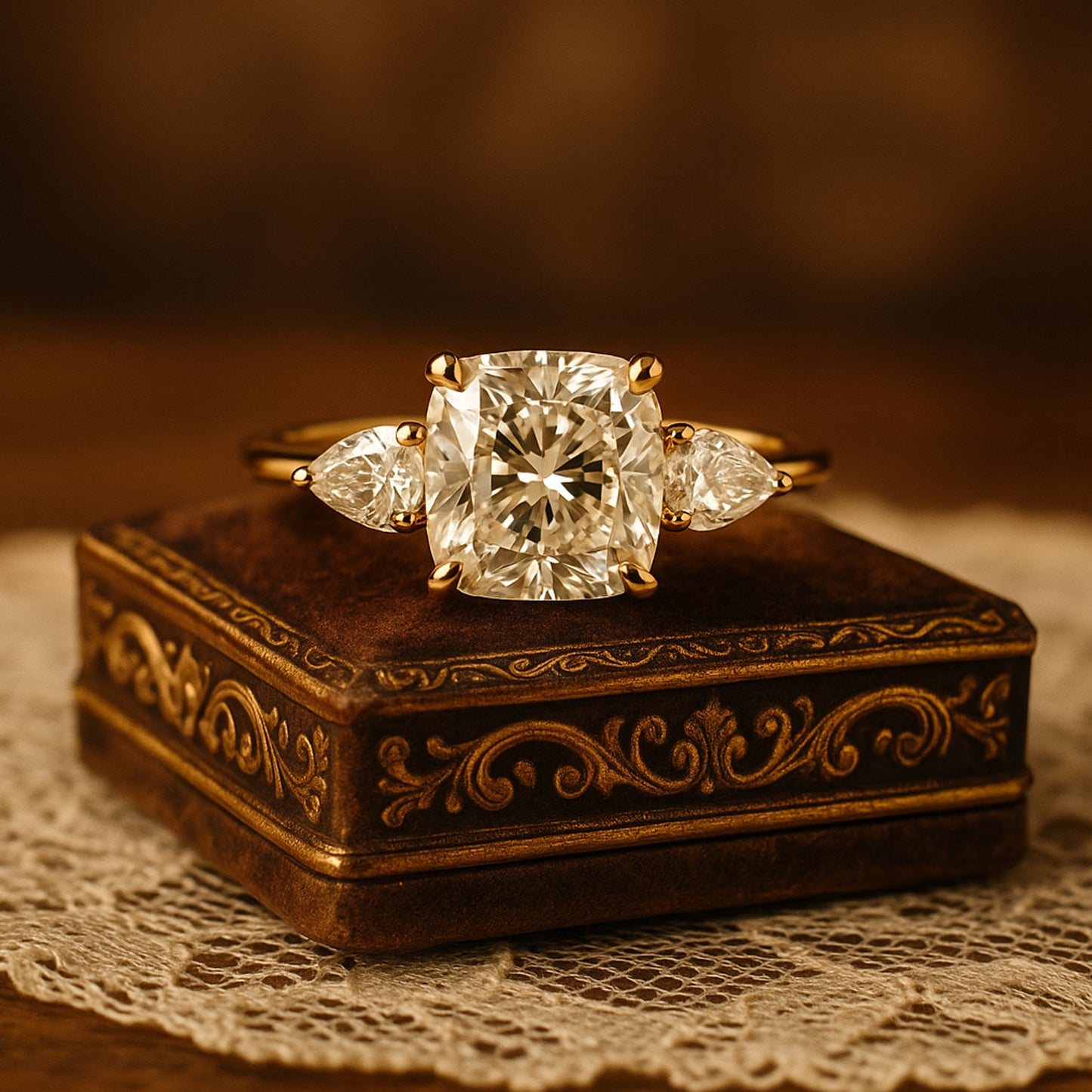 Timeless Three Stone Cushion Cut Moissanite Ring With Pear Accents In 14K Yellow Gold Engagement Setting