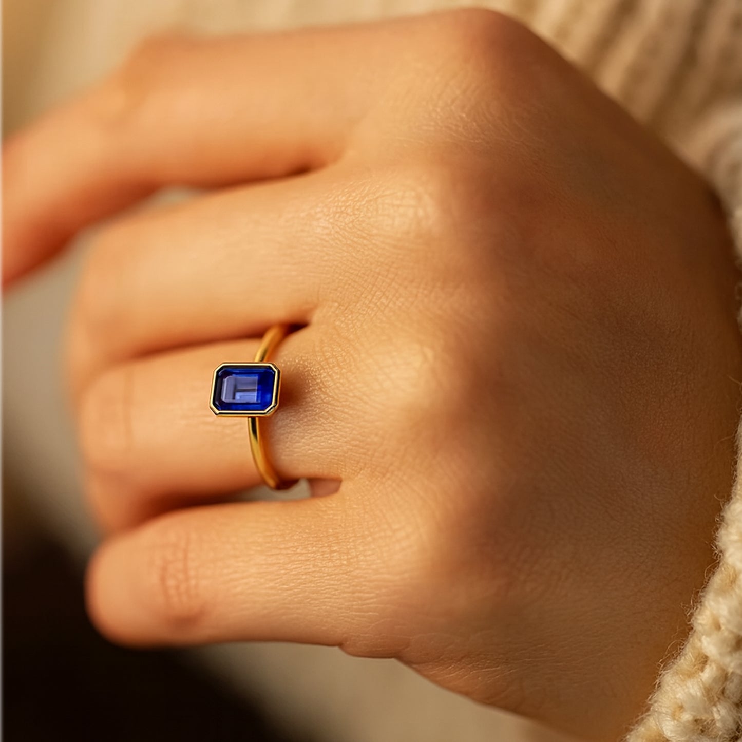 Emerald Cut Blue Sapphire Rings In Yellow White And Rose Gold