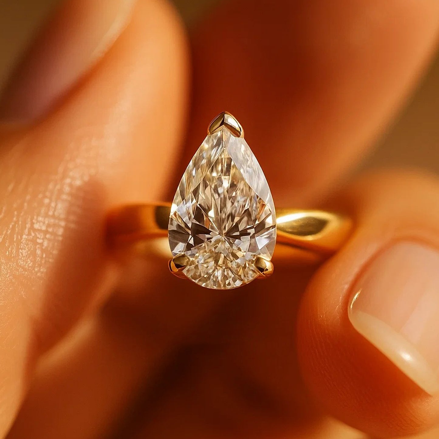 Dainty Pear Shaped Moissanite Solitaire Ring Reflecting Diamond-Like Brilliance And Romantic Glow.