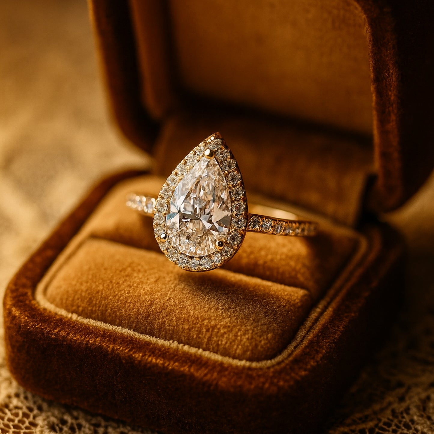 Elegant Pear Shaped Moissanite Engagement Ring In 18K Yellow Gold Halo Setting With Diamond Inspired Fire