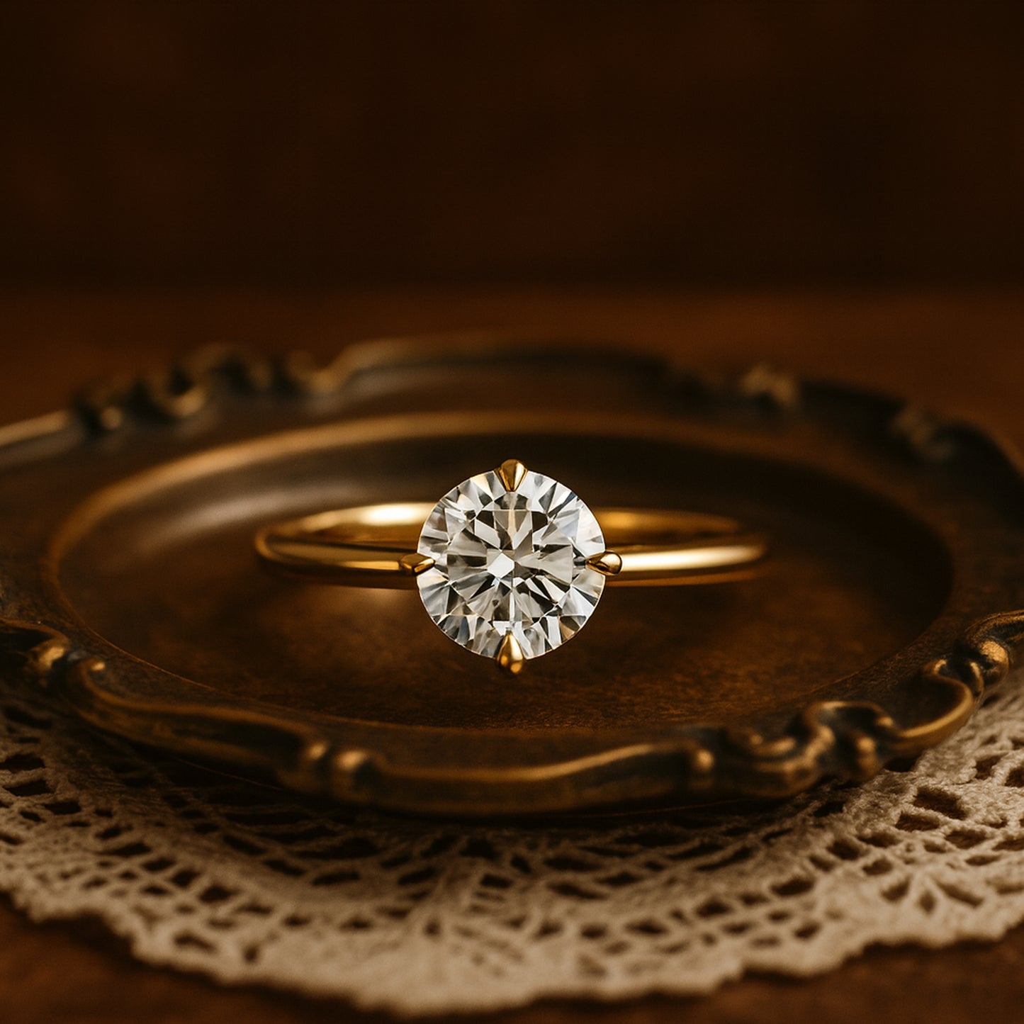 Diiro Yellow Gold Round Diamond Solitaire Ring In Velvet Ring Box