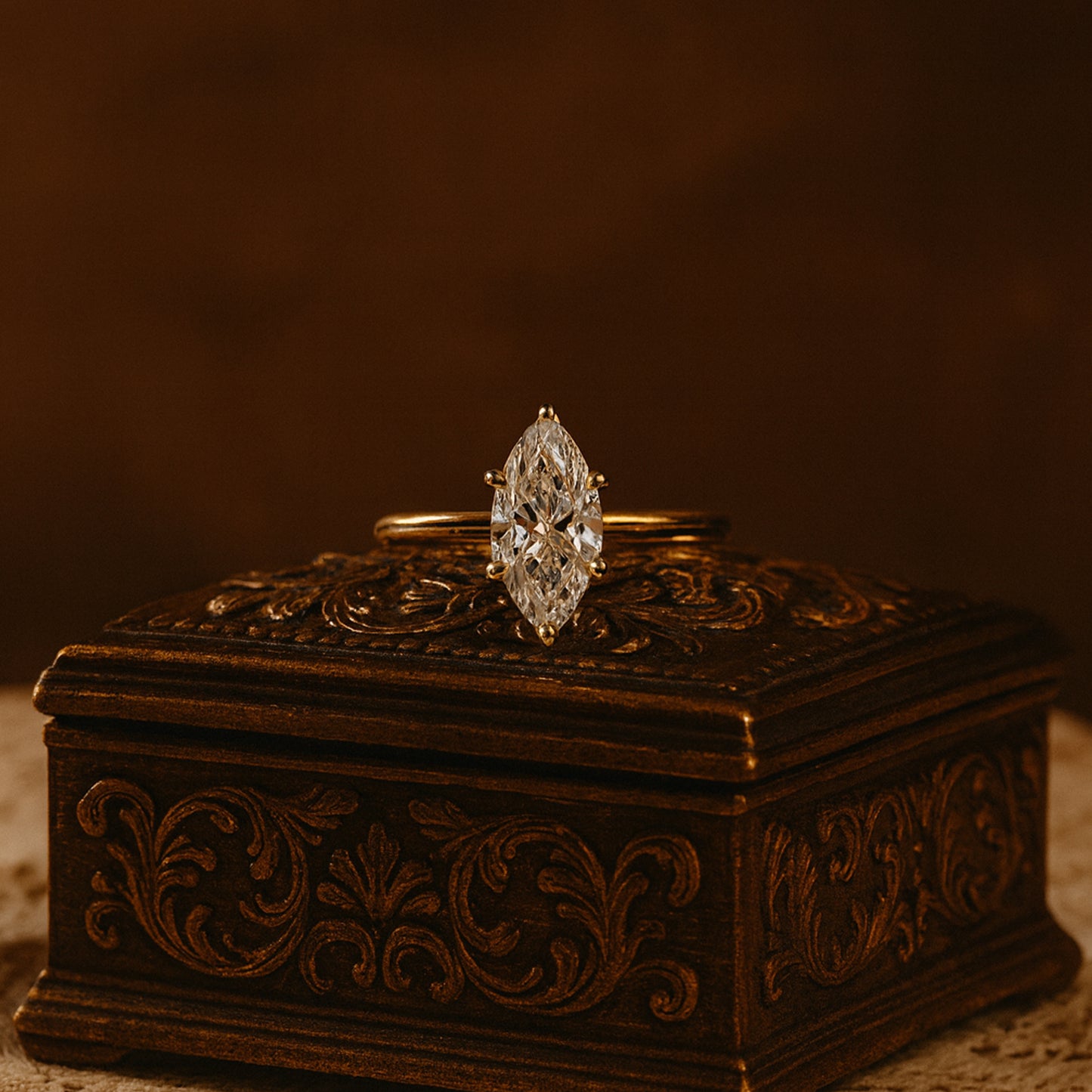 Elegant Marquise Moissanite Engagement Ring For Brides, Resembles Diamond Sparkle With Timeless Gold Setting.