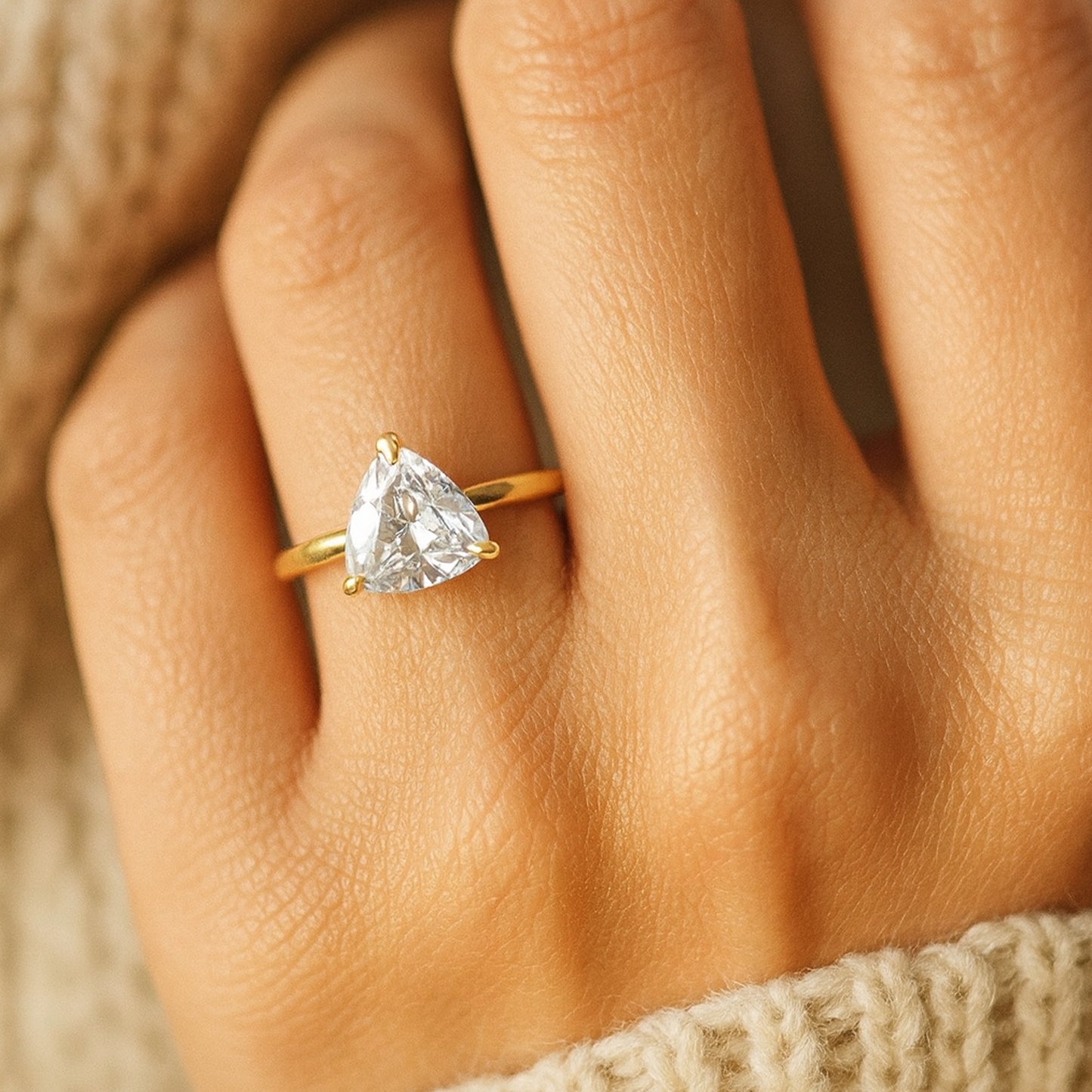 Trillion Cut Moissanite Wedding Ring For September Birthstone Lovers With Gold Diamond Style Setting.