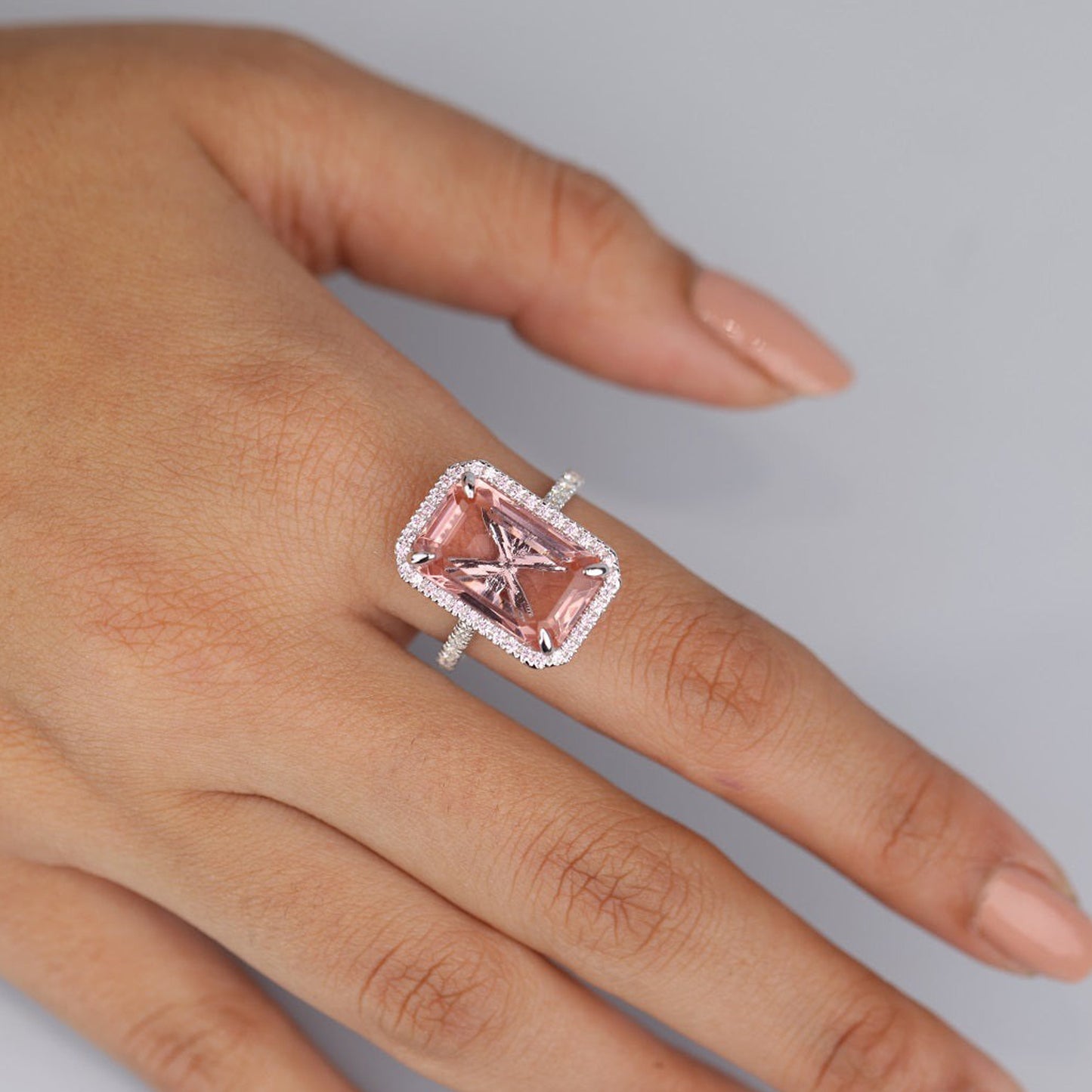 Emerald Cut Morganite Halo Ring, Pink Moissanite 14K Gold Engagement Fine Jewelry With Accents