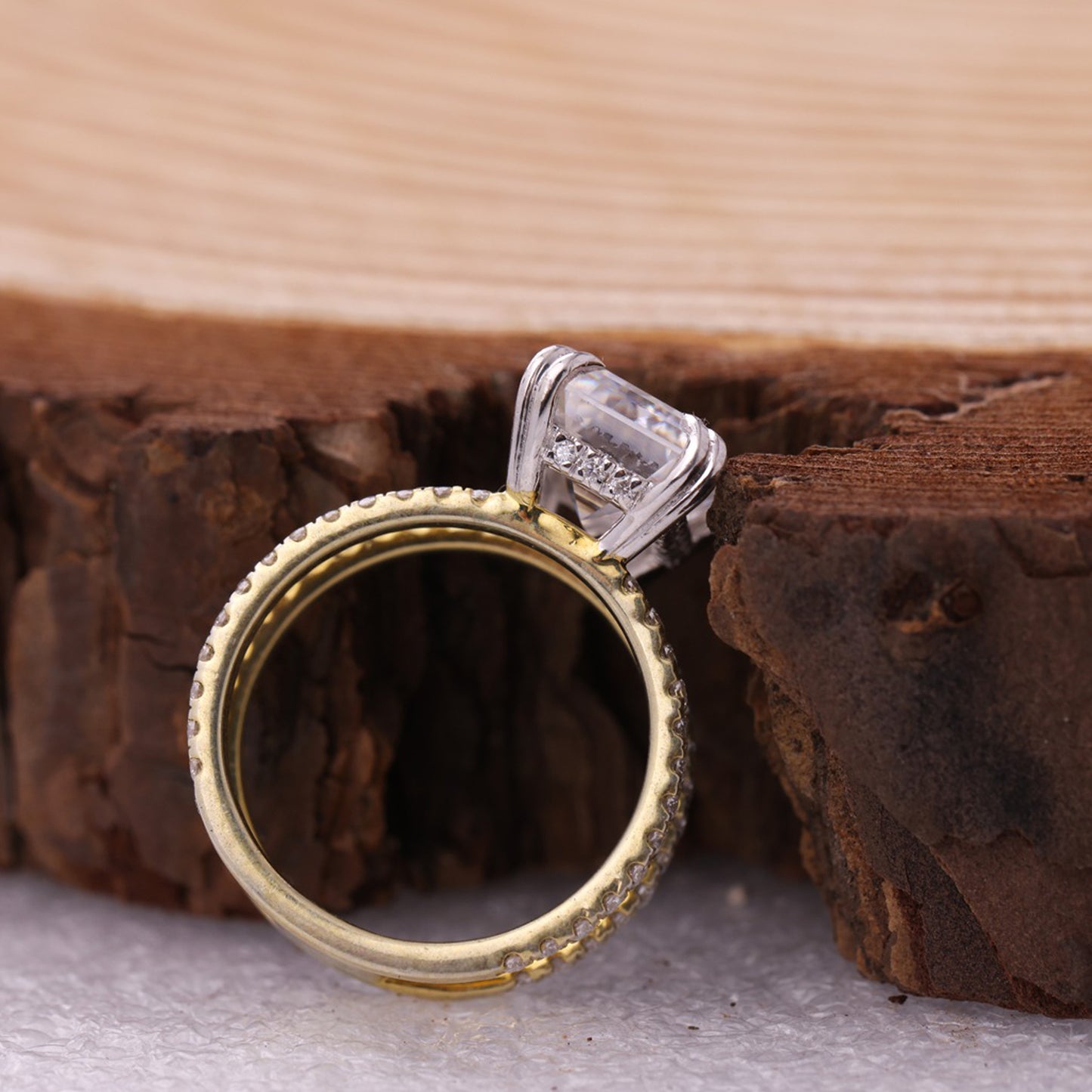 Double Band Emerald Ring, Moissanite Gold Engagement Fine Jewelry With Style