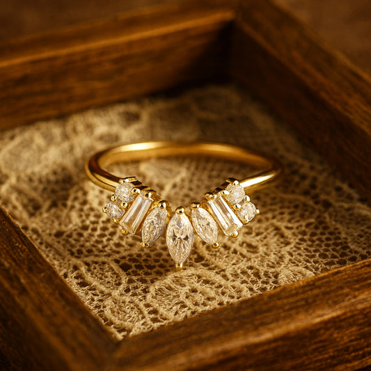 Marquise And Baguette Moissanite Chevron Ring In Yellow Gold – Stacking Band