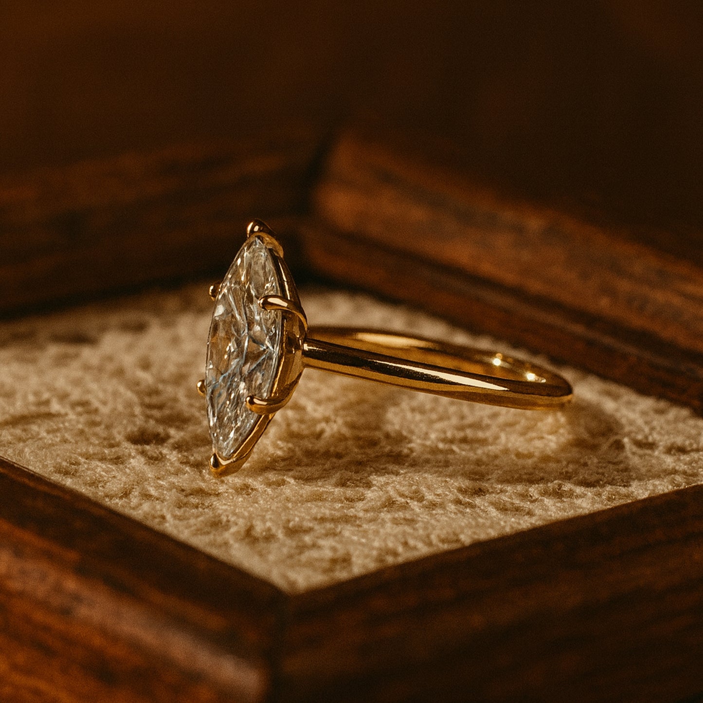 Women's Marquise Cut Moissanite Ring On Gold Band, Diamond-Like Sparkle Perfect For Engagement Or Anniversary Gift.