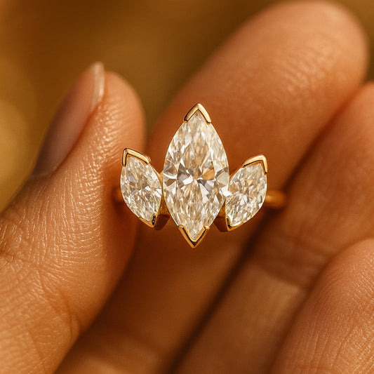 2.5ct Marquise Cut Moissanite Three Stone Engagement Ring Prong Setting In Gold VVS1 Clarity