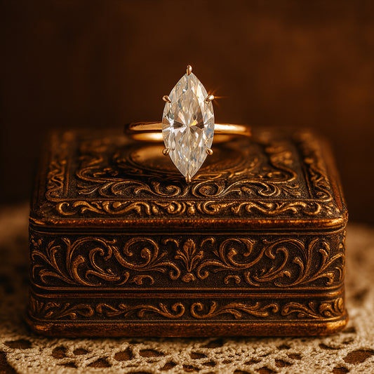 Birthstone Month March Marquise Cut Moissanite Ring With Classic Gold Band Ideal For Proposal Rings