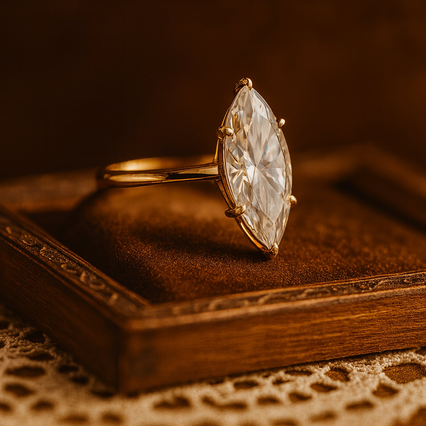 Luxurious Gold Marquise Moissanite Ring With Exceptional Brilliance Perfect For Engagements