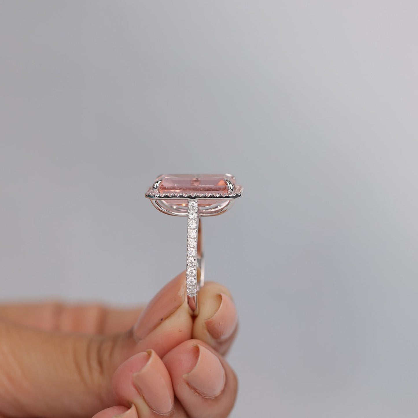 Elegant Emerald Cut Morganite Ring, Pink Moissanite Halo 14K Gold Engagement Fine Jewelry
