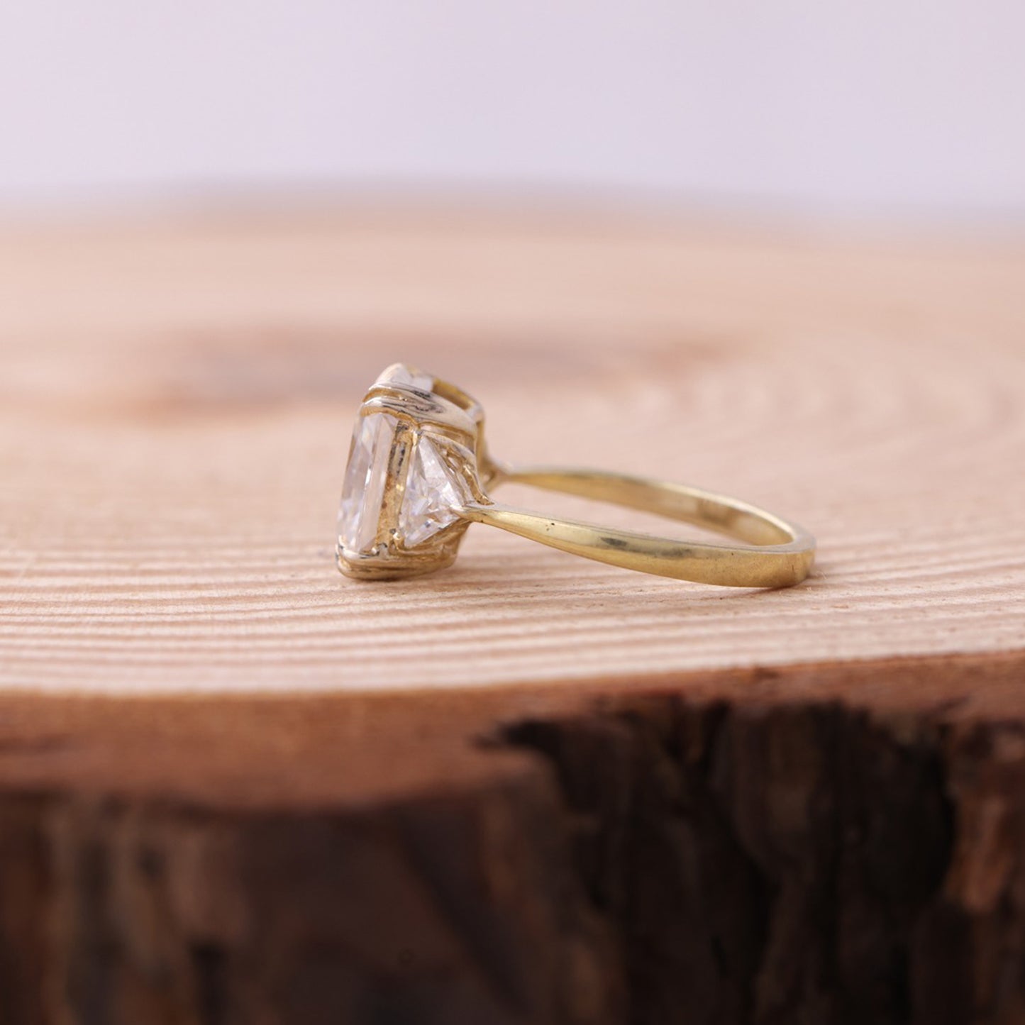 Elegant Cushion Moissanite Ring, Trilogy Yellow Gold Engagement Fine Jewelry