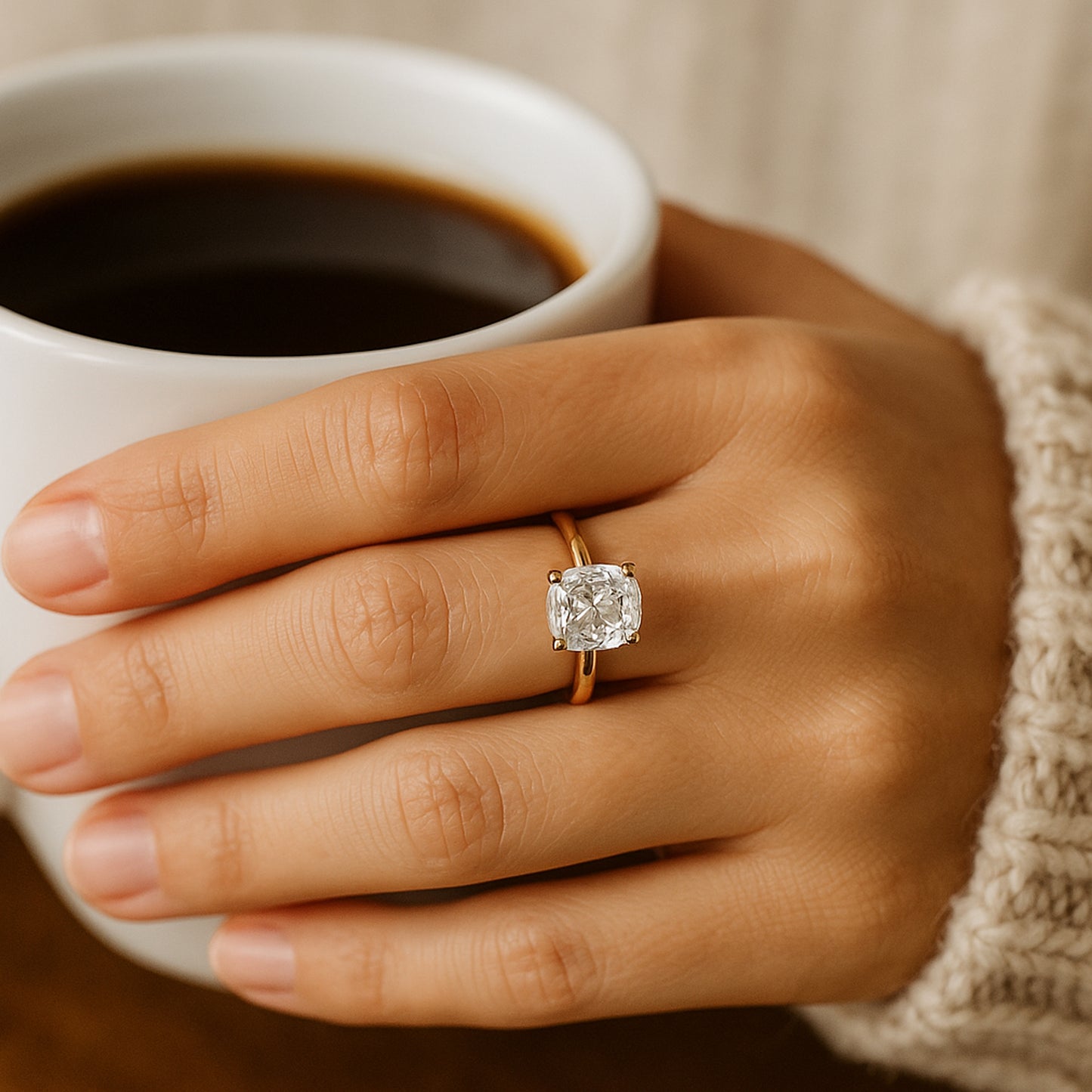 Moissanite Cushion Cut Promise Ring 10K Yellow Gold Solitaire Band With Brilliant Diamond Inspired Radiance